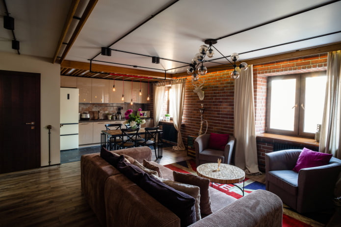 cotton curtains in a loft-style living room