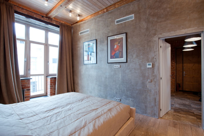 mat curtains in a loft-style bedroom
