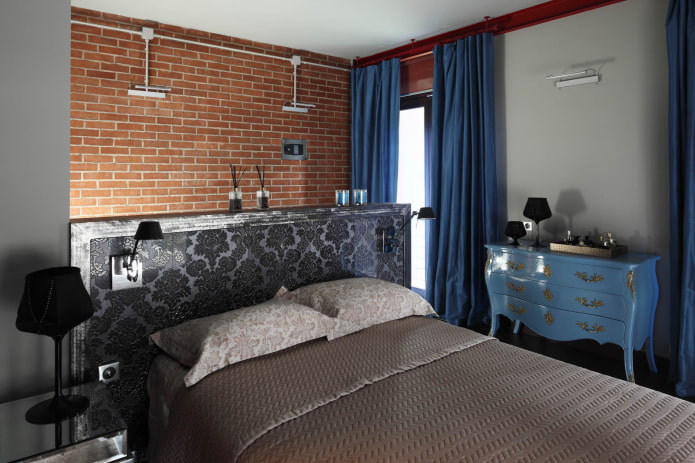 blue curtains in a loft-style bedroom