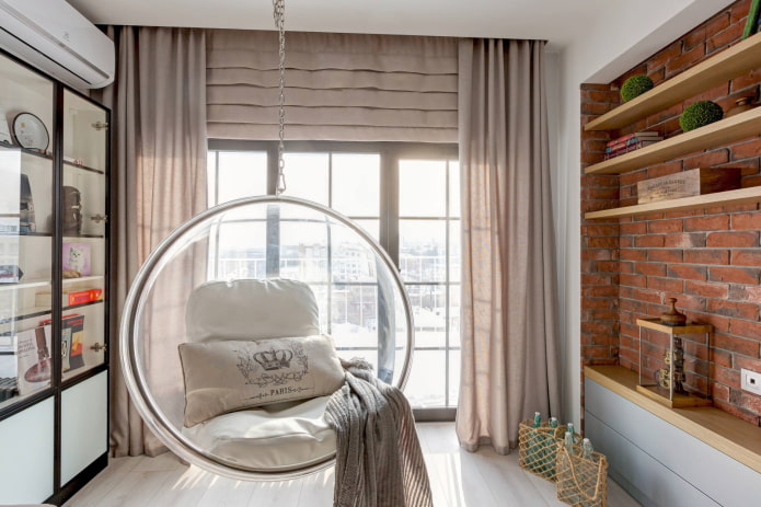 beige curtains in a loft-style interior
