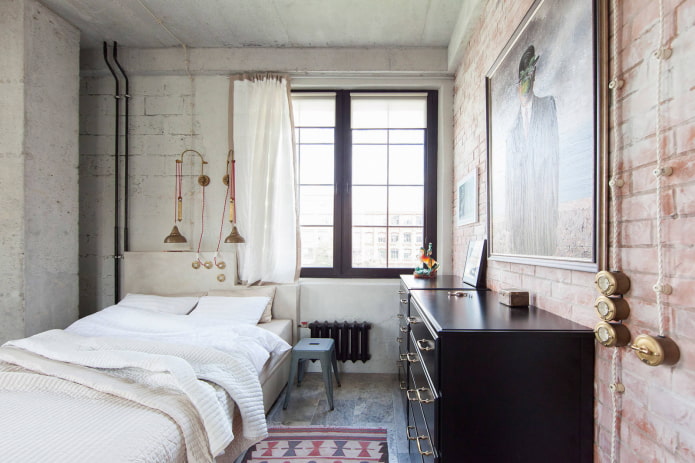 short curtains in a loft-style bedroom