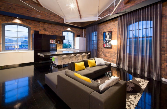 organza curtains in a loft-style interior