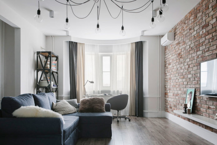 double curtains in the living room in the loft style