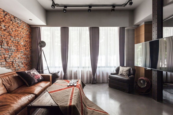 curtains with clips in the living room in the loft style