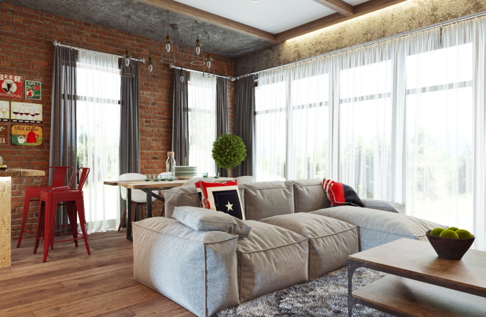 voile curtains in a loft-style living room
