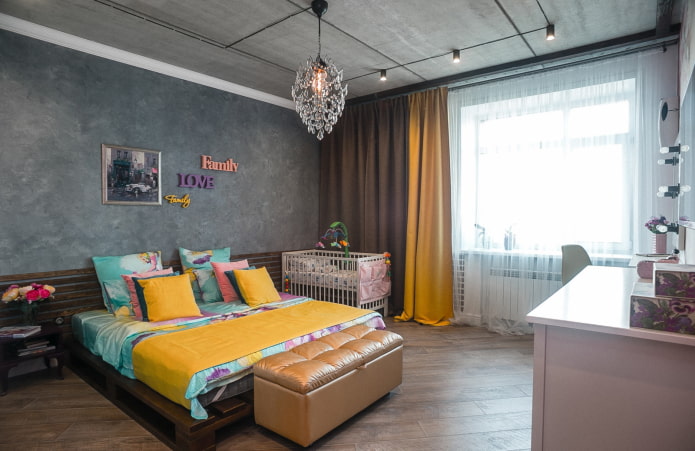 curtains with a drawstring in a loft-style bedroom