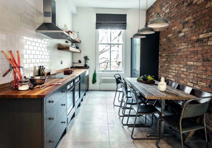 Roman blinds in a loft-style kitchen