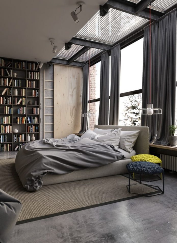 curtains in the bedroom in the loft style