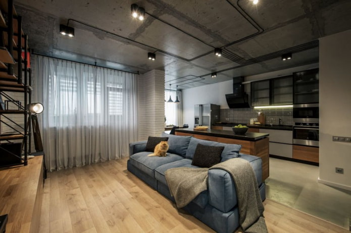 curtains in the living room in the loft style