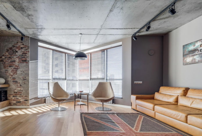 blinds on panoramic windows in loft style