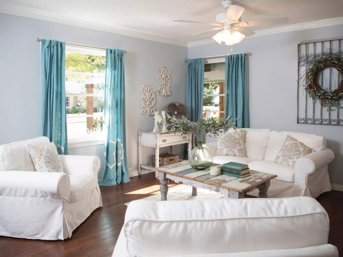 blue curtains in the living room in the Provence style