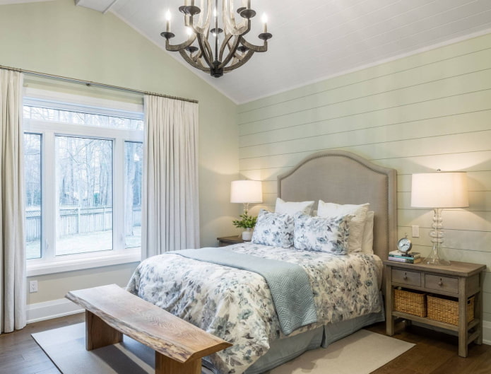 white curtains in the bedroom in the Provence style