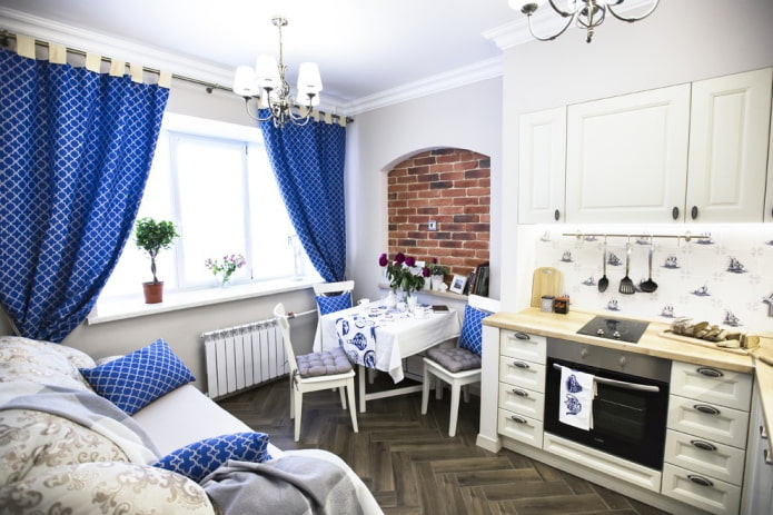 blue curtains in the kitchen in the Provence style