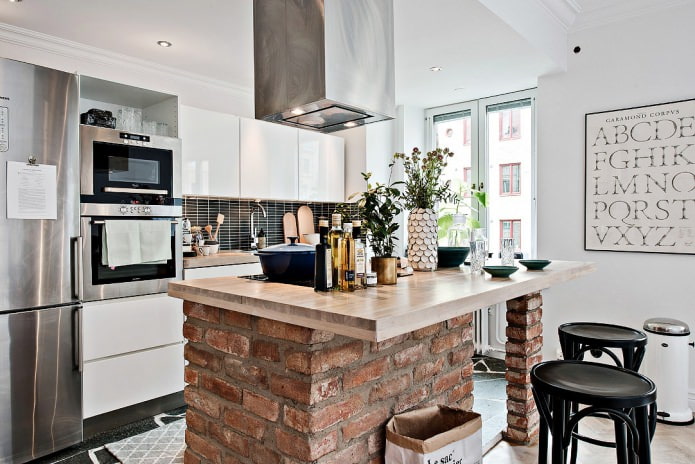 interior of a small kitchen with a bar counter