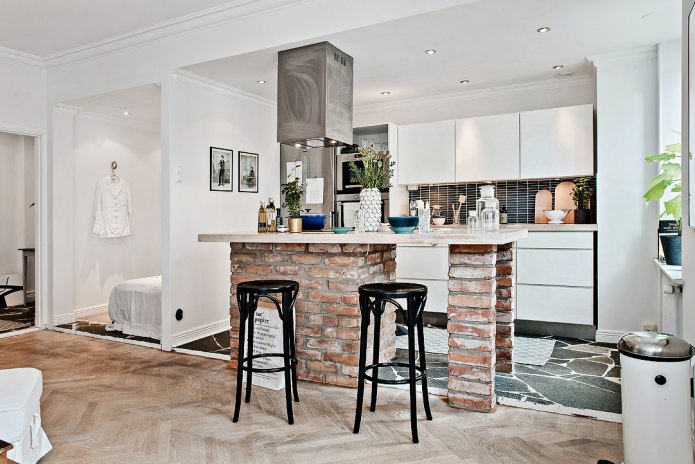 Design project of a kitchen-living room in a Scandinavian style