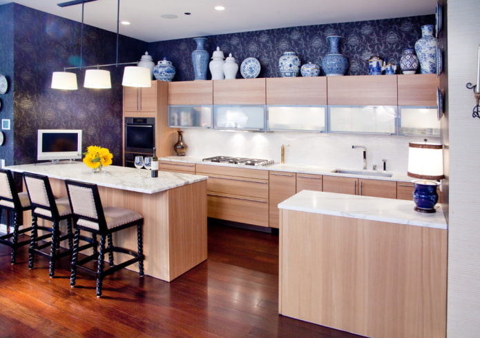 blue wallpaper in the kitchen
