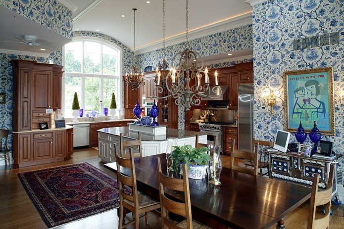 white and blue wallpaper in the kitchen