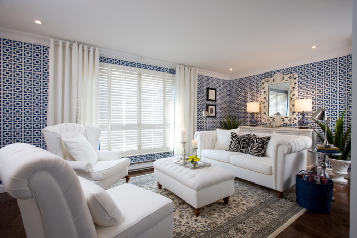 white furniture and white and blue wallpaper
