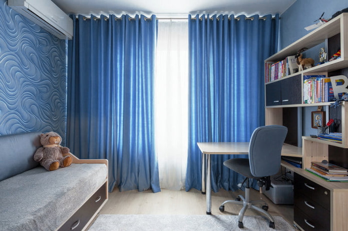 blue curtains in a child's room