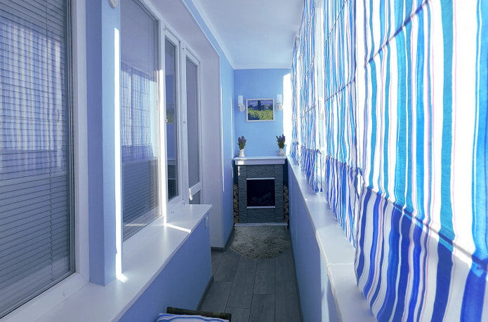 blue and white curtains on the loggia