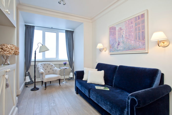 blue fabric sofa in the interior