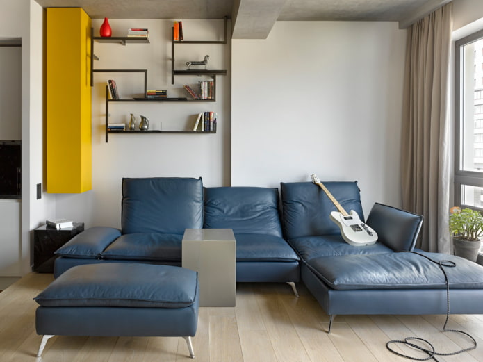 sofa with blue leather upholstery in the interior