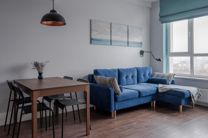 blue corner sofa in the interior