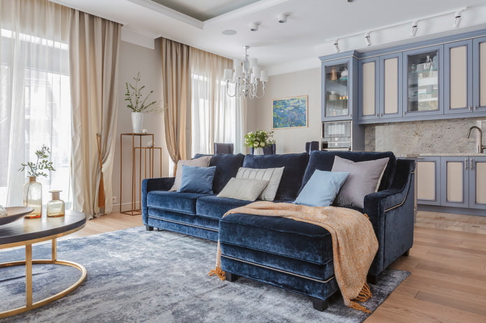 blue corner sofa in the interior
