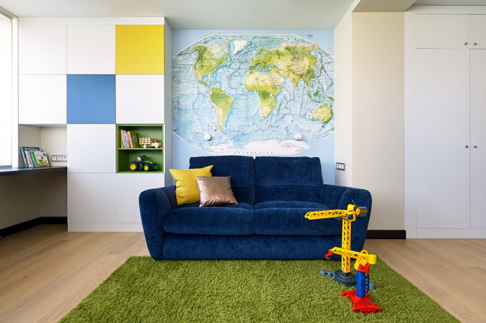 blue sofa in the interior of a children's room