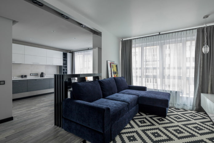 dark blue sofa in the interior