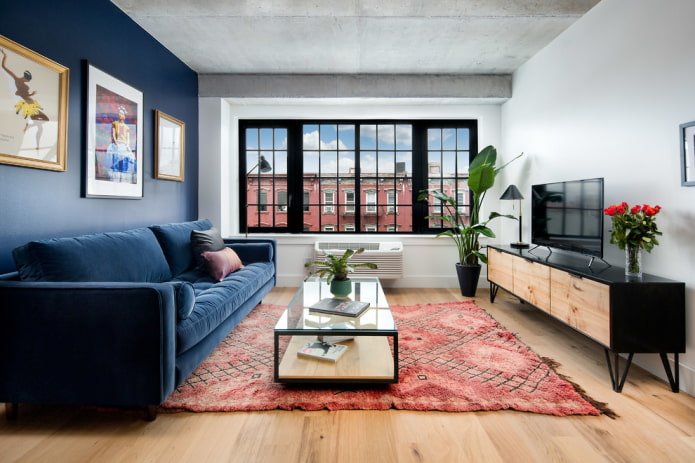 blue sofa in the living room interior