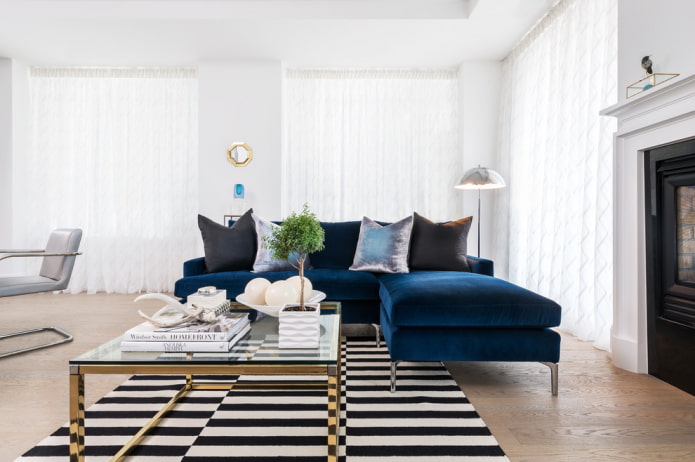 blue sofa combined with curtains