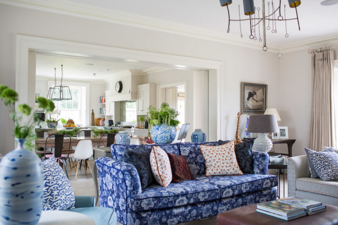 blue sofa with patterned upholstery