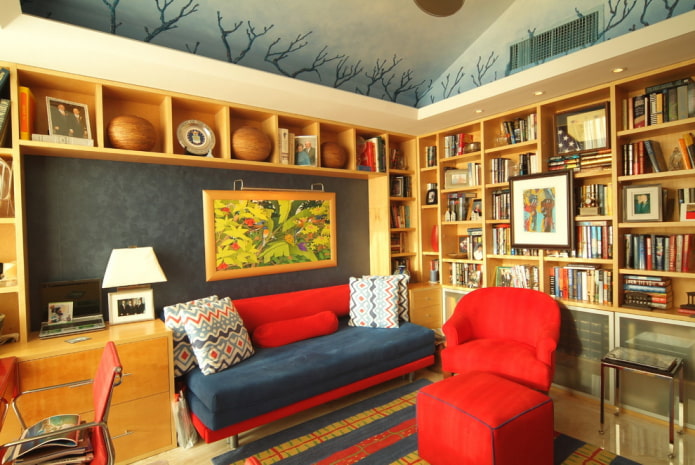 blue and red sofa in the interior