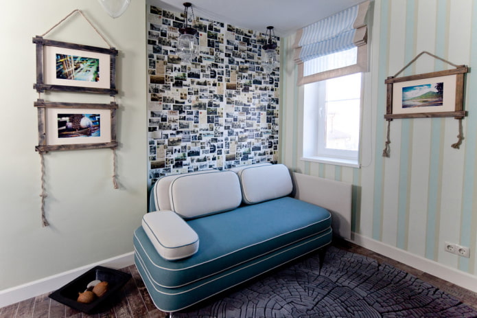 blue and white sofa in the interior