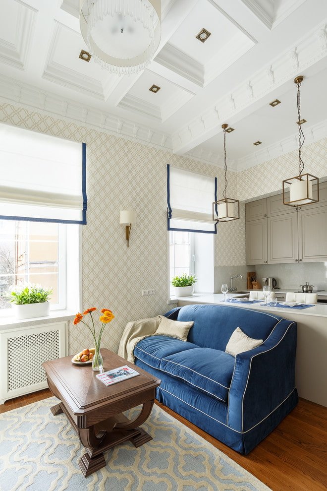 blue sofa with piping