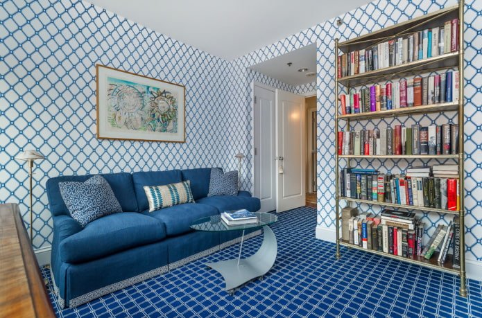 straight blue sofa in the interior