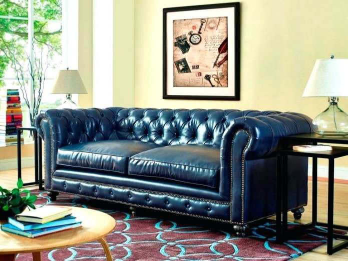 blue leather sofa in the interior