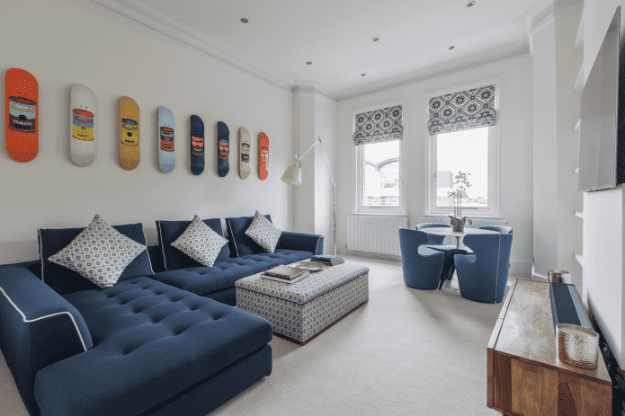 blue corner sofa in the interior