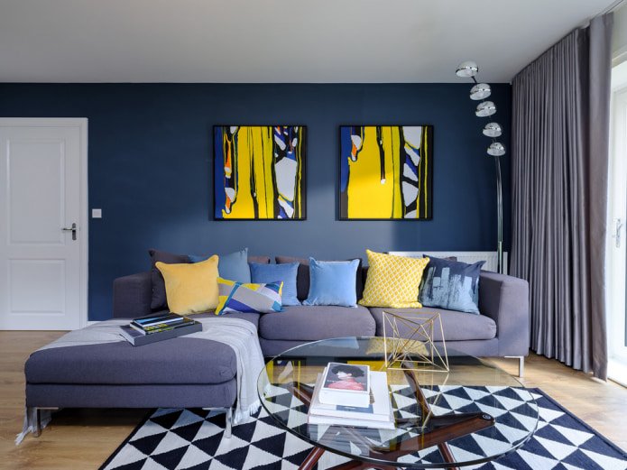 stylish living room in gray and blue palette