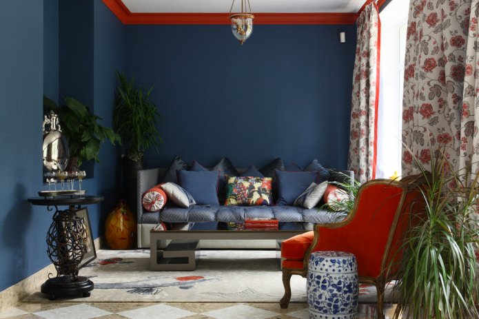 blue pillows on the sofa