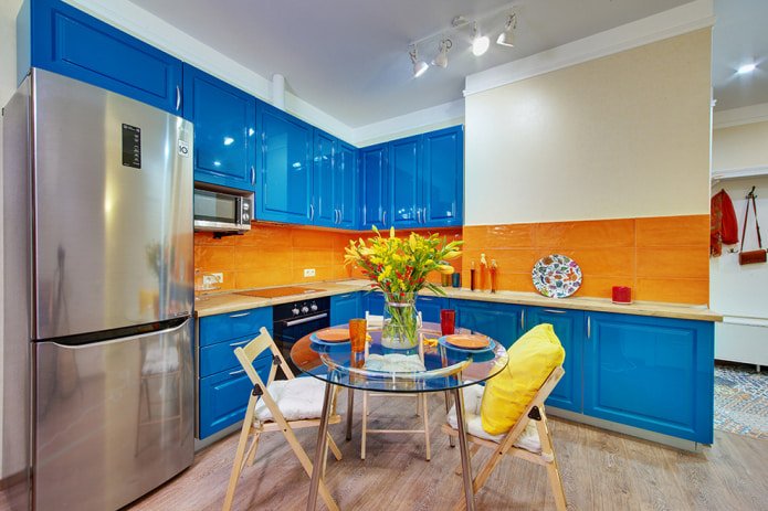 Blue and orange kitchen