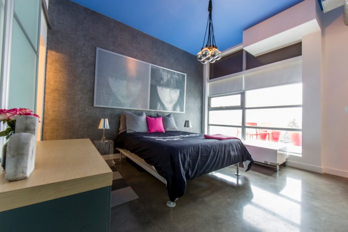 Dark walls and a blue ceiling