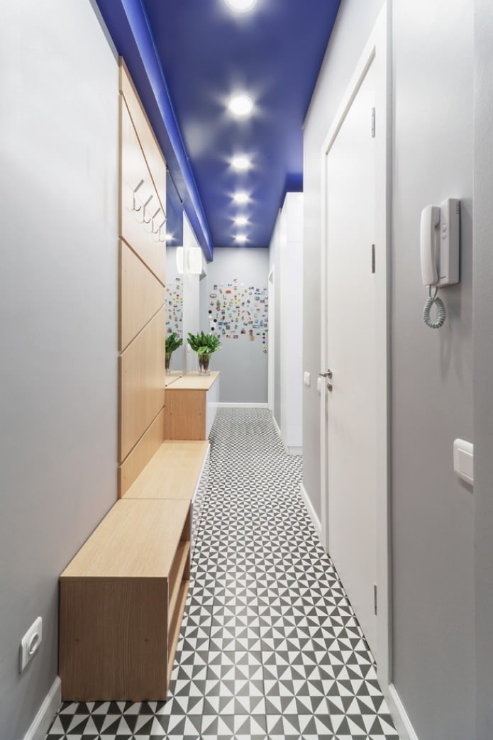 Hallway with a blue ceiling