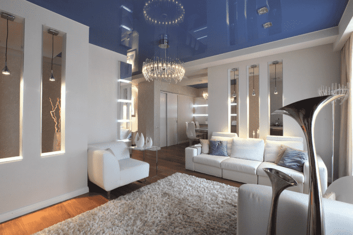 blue stretch ceiling in the living room