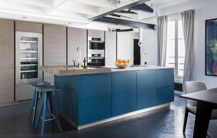 kitchen interior in gray and blue tones
