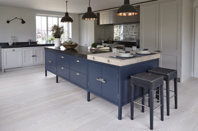 kitchen interior in gray and blue tones