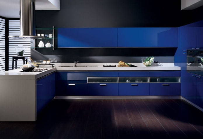 kitchen interior in black and blue tones