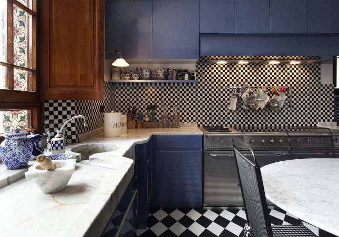 kitchen interior in black and blue tones