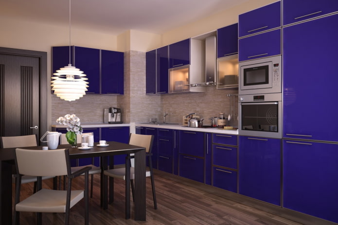 kitchen interior in beige and blue tones